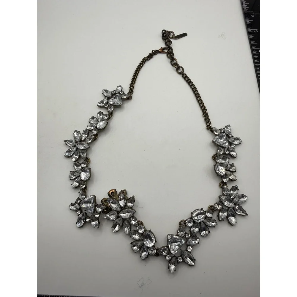 Vintage Style Crystal Cluster Statement Bib Necklace Antiqued Brass Tone‎ Clear